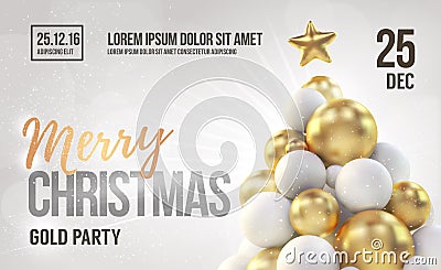 White christmas card or flyer template with golden christmas tree Vector Illustration