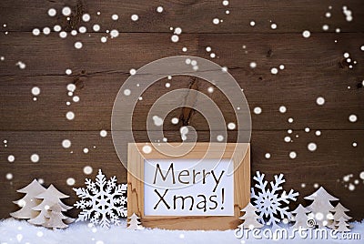 White Christmas Decoration Text Merry Xmas, Snow, Snowflakes Stock Photo