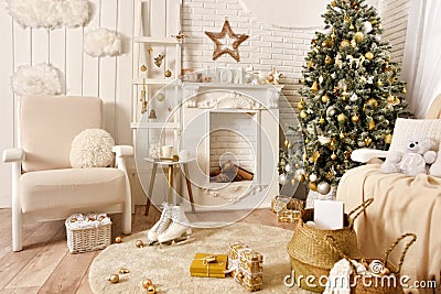 White Christmas interior. Beautiful Christmas tree, armchair, baskets, gifts, skates, stairs and other decoration Stock Photo