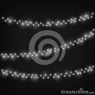 White christmas lights. Festive light decoration, winter holiday decorative realistic garland. Vector set isolated black Vector Illustration