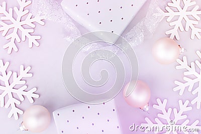 White Christmas New Year Banner Poster Background. Snow Flakes Baubles Gift Boxes. Scandinavian style pastel colors. Greeting Card Stock Photo