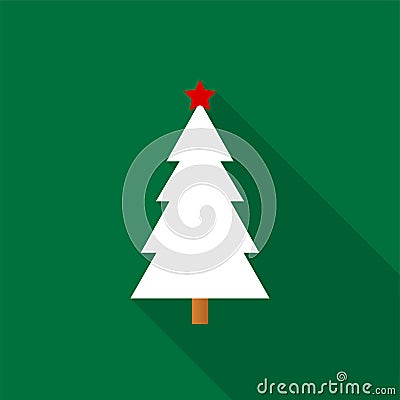 White Christmas tree icon with a red star and long shadow on green background. Vector Illustration