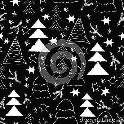 White christmass trees and snow flakes and stars, outline, too, on black background, seamless pattern. Vector Illustration