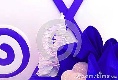 White christmastree and blue decorations - Christmas greeting card. New Year, Christmas Mock up. Close-up small Decorations for Stock Photo