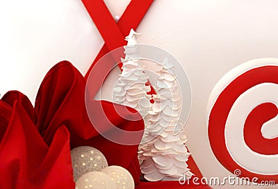 White christmastree and red decorations - Christmas greeting card. New Year, Christmas Mock up. Close-up small Decorations for Stock Photo