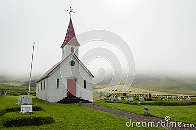 White church on a foggy day in South Iceland Stock Photo