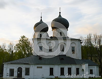 White Church with three domes, architectural building Stock Photo