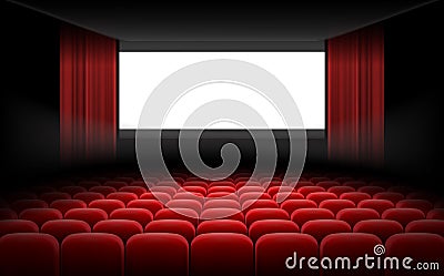 White cinema theatre screen with red curtains and chairs Cartoon Illustration