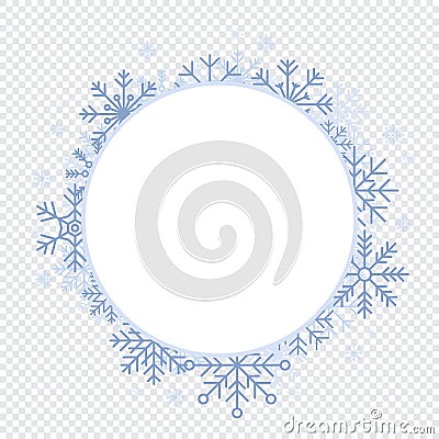 White circle snowflakes new year. Winter round background with snowflakes. Winter snowflakes background. Circle frame. Space for Vector Illustration