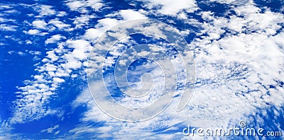 White cirrus clouds blue sky background, beautiful wispy cloudscape wide panoramic view, cumulus cloudy skies panorama, cloudiness Stock Photo