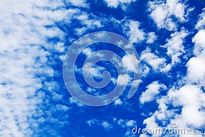 White cirrus clouds blue sky background closeup, fluffy cumulus cloud texture, cloudscape, cloudy weather, cloudiness, ozone layer Stock Photo
