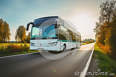 A white city bus journeys through Polands scenic countryside on a cloudy day Stock Photo