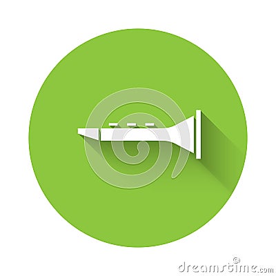 White Clarinet icon isolated with long shadow. Musical instrument. Green circle button. Vector Vector Illustration