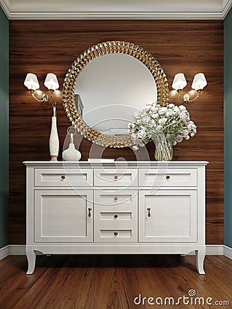 White classic chest of drawers with decor and a mirror in a frame on a background of a wooden wall with sconces Stock Photo