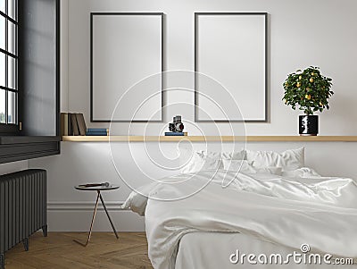 White classic scandinavian loft bedroom interior. 3d render illustration mock up. Cartoon Illustration