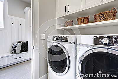 White clean laundry modern room with washer and dryer Stock Photo