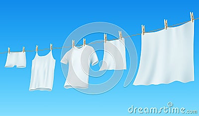 White clean linen and clothes hanging on a rope Vector Illustration