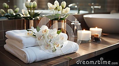 White, clean, neatly folded towels lie on a wooden table . The theme of staying at the hotel is relaxation and comfort Stock Photo