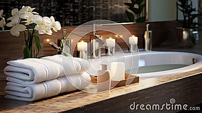 White, clean, neatly folded towels lie on a wooden table . The theme of staying at the hotel is relaxation and comfort Stock Photo