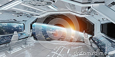 White clean spaceship interior with view on planet Earth 3D rendering Stock Photo