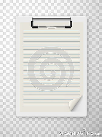 White clipboard with empty ruled sheet realistic template blank. Document holder with lined paper Cartoon Illustration