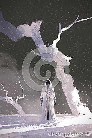 The white cloak standing in winter scenery with white trees Cartoon Illustration