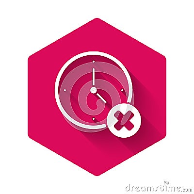 White Clock delete icon isolated with long shadow. Time symbol. Pink hexagon button. Vector Vector Illustration