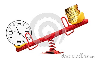 White clock and gold coin on red seesaw isolated on white background with clipping path. Time management concept Stock Photo