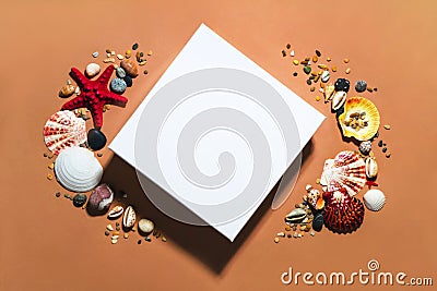 White close square gift box mockup template with copy space. Package clipart. Summer modern concept on orange background Stock Photo