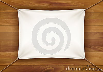 White cloth banner with text space on wooden background. Vector Illustration