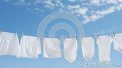 White clothes on a laundry line, on blue sky background with light clouds. Generative AI Stock Photo