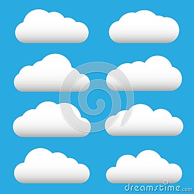 White cloud icon set. Fluffy clouds. Cloudy weather sign symbols. Flat design Web, app decoration element. Vector illustration Cartoon Illustration