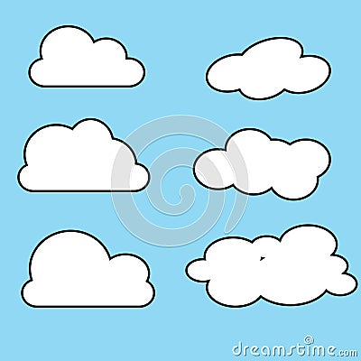 White cloud icon set. Fluffy clouds. Cute cartoon cloudscape. Cloudy weather sign symbols. Flat design Web, app Vector Illustration