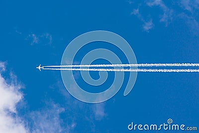 White Clouds Blue Sky Fluffy Sun Flare Airplane Trail Sunny Day Stock Photo