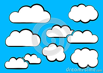 White clouds collection on blue background. Vector Cartoon Illustration