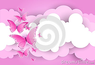 White Clouds And Pink Sky Template Background With Butterfly Vector Illustration