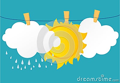 White clouds and sun hang on a rope with clothespins. Vector. Stock Photo