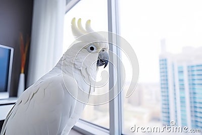 White Cockatoo sitting on a window sill Stock Photo