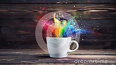 A white coffee cup with a rainbow explosion, colors cascading out and creating a stunning visual display against a dark wood Stock Photo