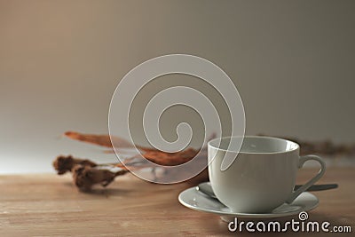 White coffee cup on the table, minimal stye Stock Photo
