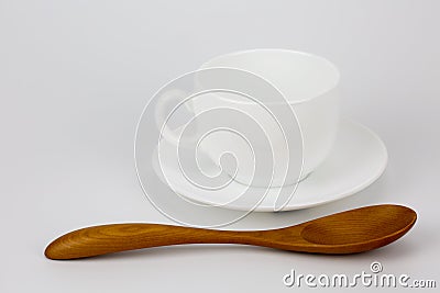 White coffee cups set and brown wooden spoon Stock Photo