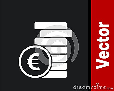 White Coin money with euro symbol icon isolated on black background. Banking currency sign. Cash symbol. Vector Vector Illustration