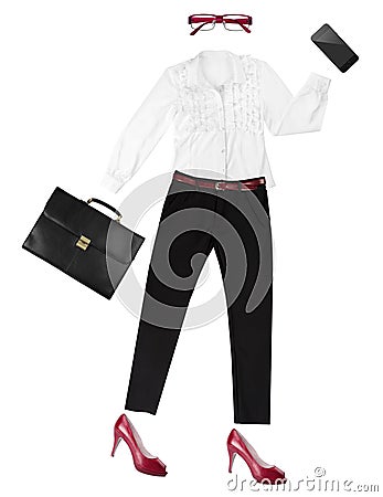 White-collar female worker essentials arranged as fancy human shape Stock Photo