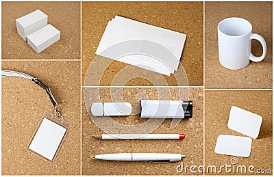 White collection of stationery on corkboard background. Stock Photo