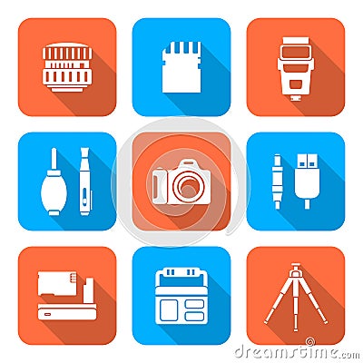White color flat style square digital photography tools icons Vector Illustration