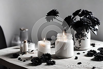 White color jar with black flowers on the table, a candle near the jar with black theme Stock Photo
