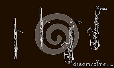 White color line, shape or outline forms of musical instruments as baritone and saxophone ensembles in contour illustration Vector Illustration