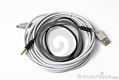 White color long usb cable with black micro jack isolated on white background Stock Photo