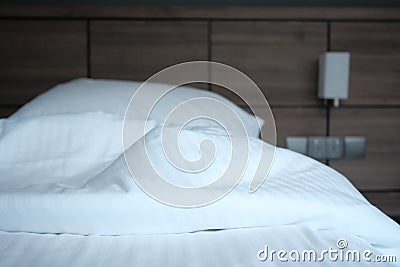 white color messy bed in early morning , messy bed after waking up Stock Photo