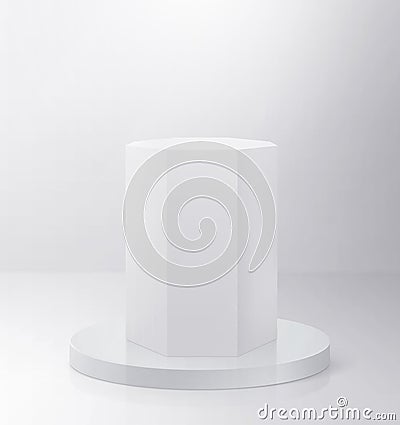 White color octagon pedestal podium. 3d exhibit displays. Spotlight illuminates pedestal. 3D render Stock Photo